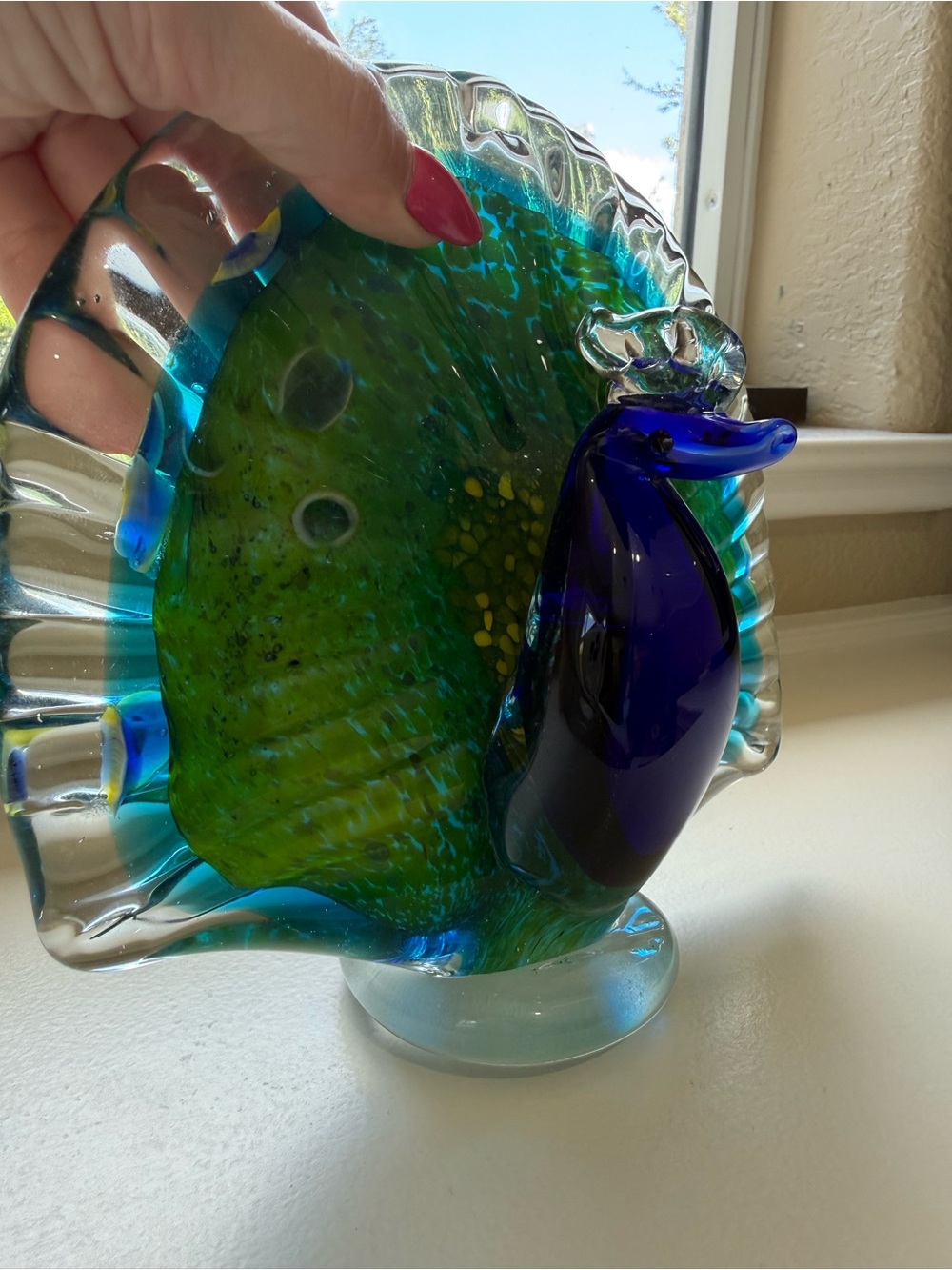 Peacock Art Glass Bird Sculpture - Beautiful Blue & Green Heavy No Flaws - Picture 8 of 8